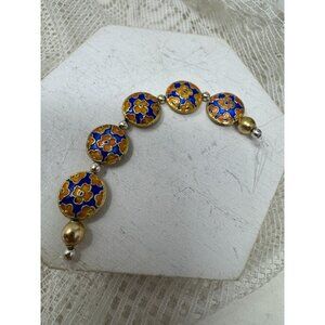 Vintage Cloisonné Floral Beads  With Blue & Gold Enamel Accents Gold -Toned Disc